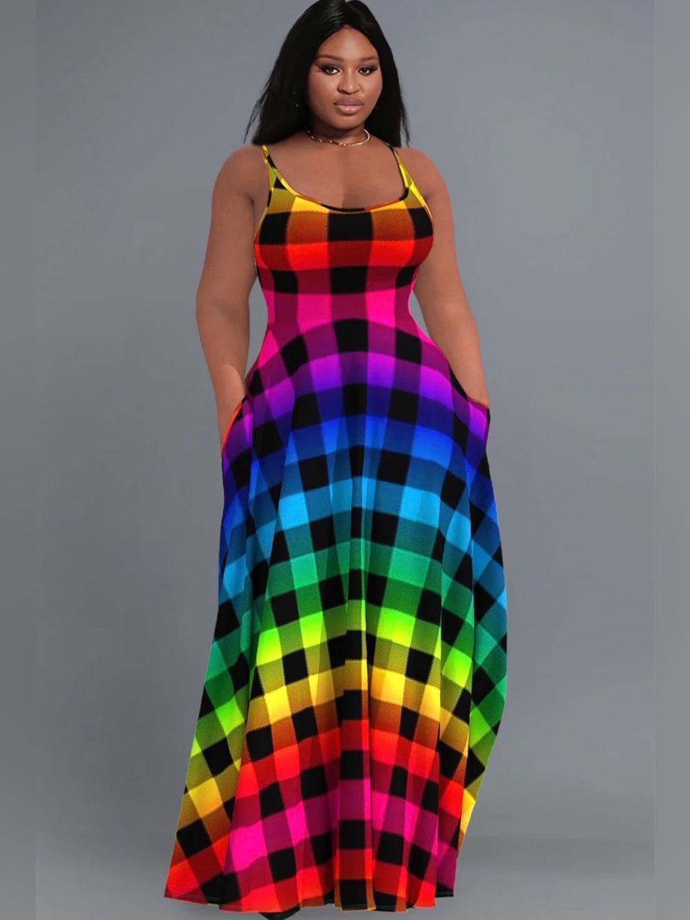 Xpluswear Design Plus Size Casual Sundress Rainbow Gradient Plaid Pockets 3X